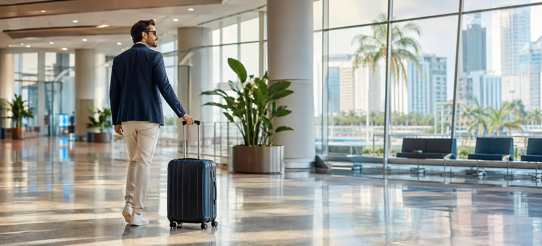 Traveler arriving with a suitcase for JHouse Ready
